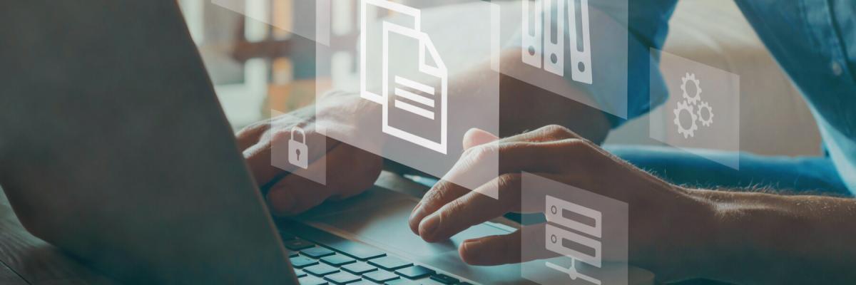 Document management system concept, hands on laptop with digital document icon above the keyboard